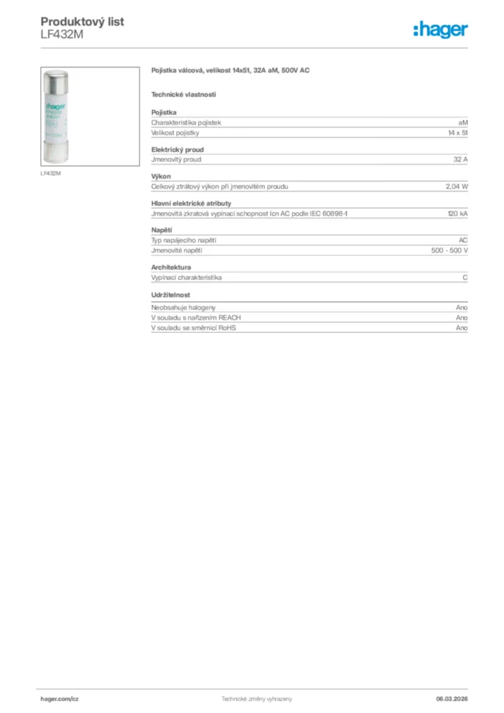 Obrázek Hager Product data sheet LF432M | Hager