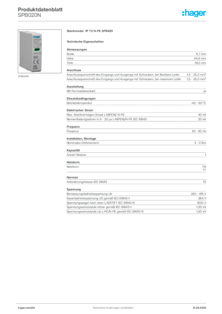 Bild Hager Produktdatenblatt SPB020N | Hager Deutschland
