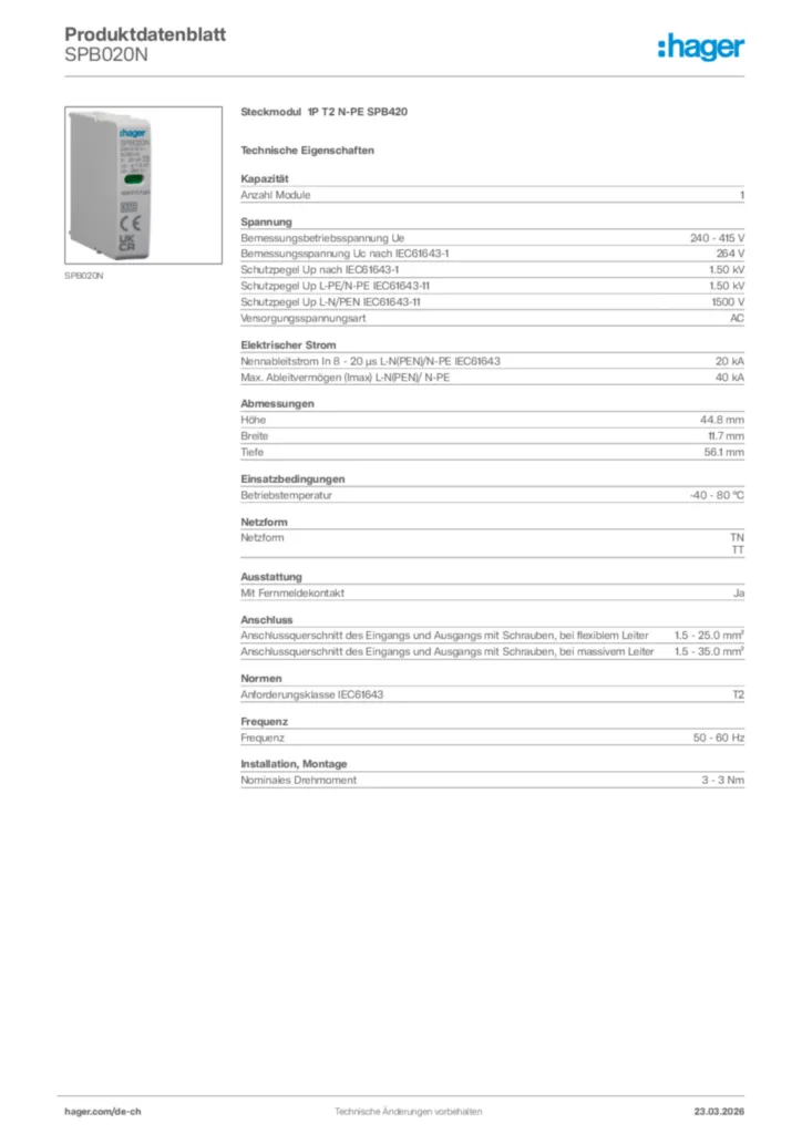 Bild Hager Produktdatenblatt SPB020N | Hager Schweiz
