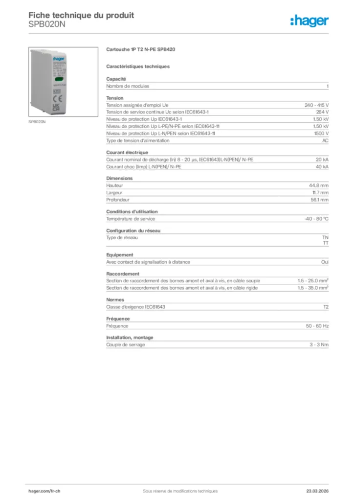 Image Hager Fiche technique du produit SPB020N | Hager Suisse