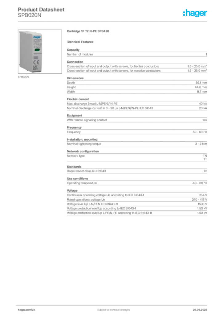 Image Hager Product data sheet SPB020N  | Hager