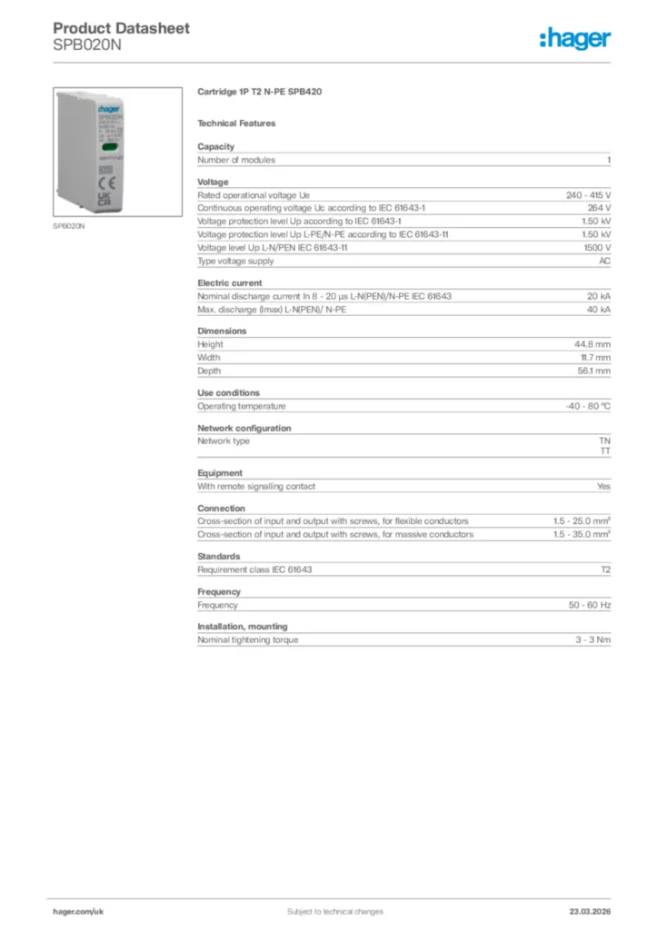 Image Hager Product data sheet SPB020N  | Hager