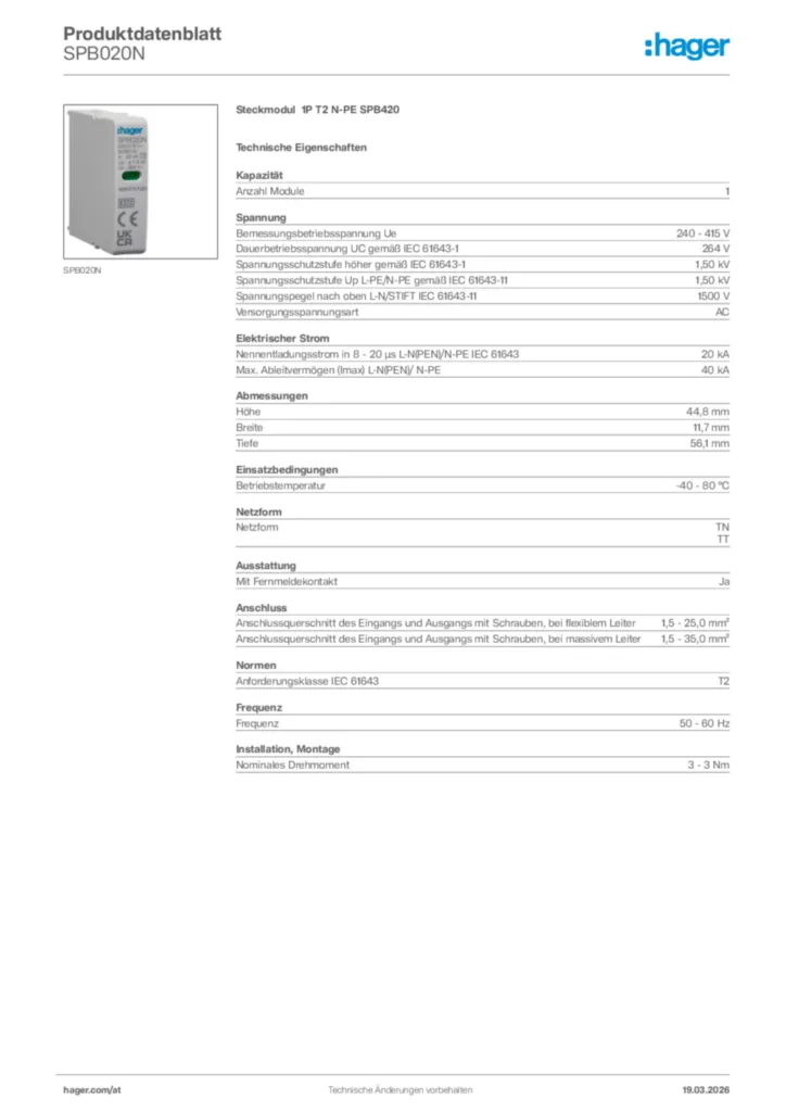 Bild Hager Produktdatenblatt SPB020N | Hager Deutschland