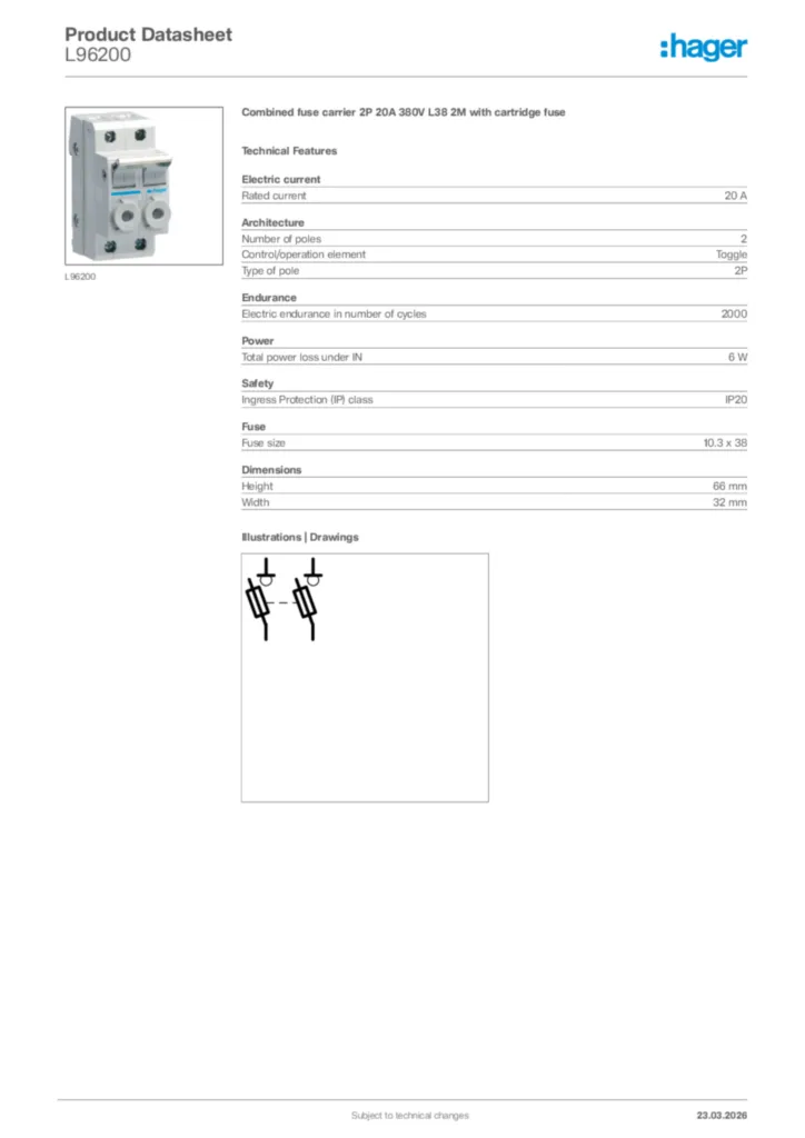 Image Hager Product data sheet L96200  | Hager Africa