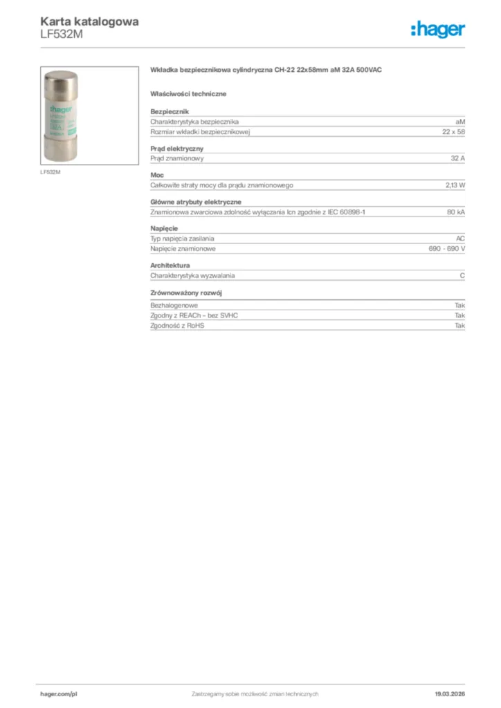 Zdjęcie Hager Karta katalogowa LF532M | Hager Polska