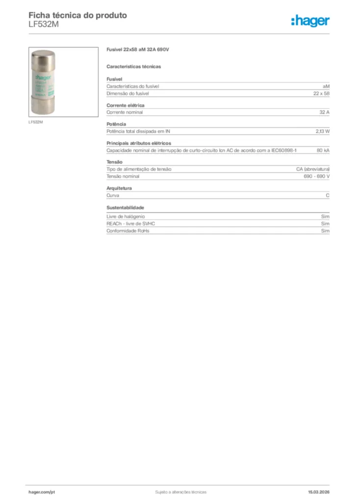 Imagem Hager Ficha técnica do produto LF532M | Hager Portugal