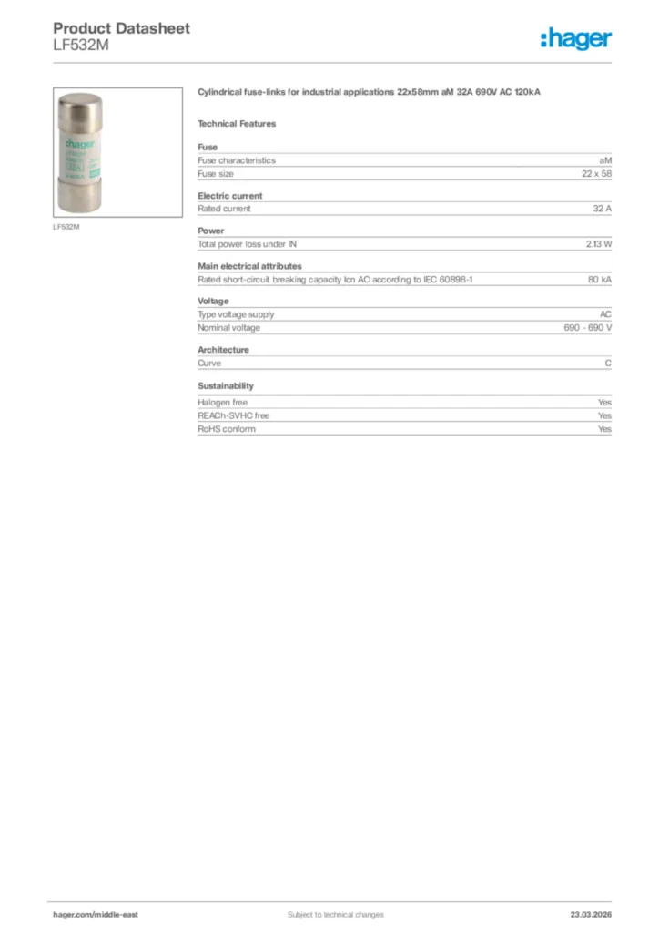 Image Hager Product data sheet LF532M  | Hager