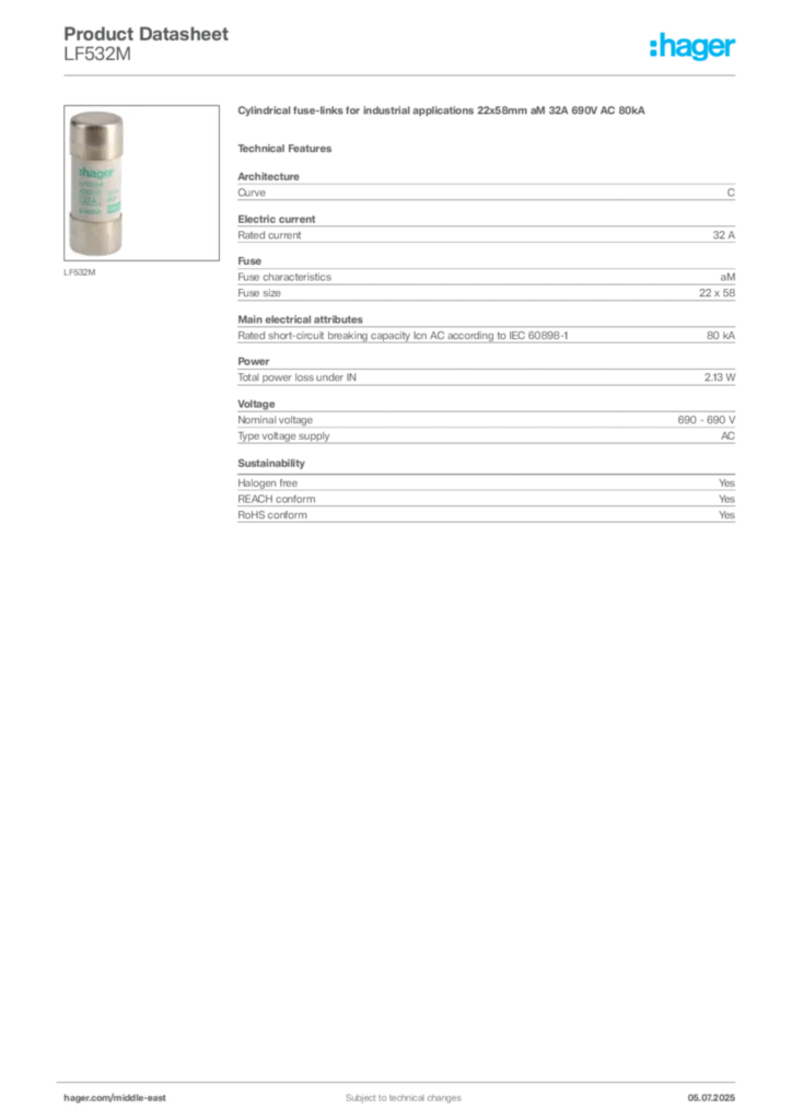 Image Hager Product data sheet LF532M  | Hager
