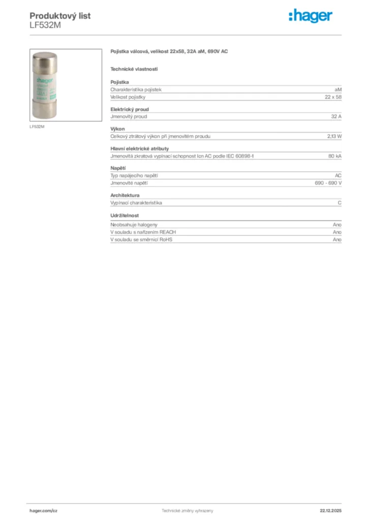 Obrázek Hager Produktový list LF532M | Hager