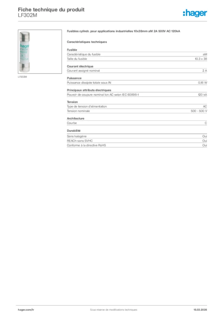 Image Hager Fiche technique du produit LF302M | Hager France