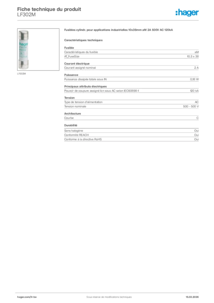 Image Hager Fiche technique du produit LF302M | Hager Belgique