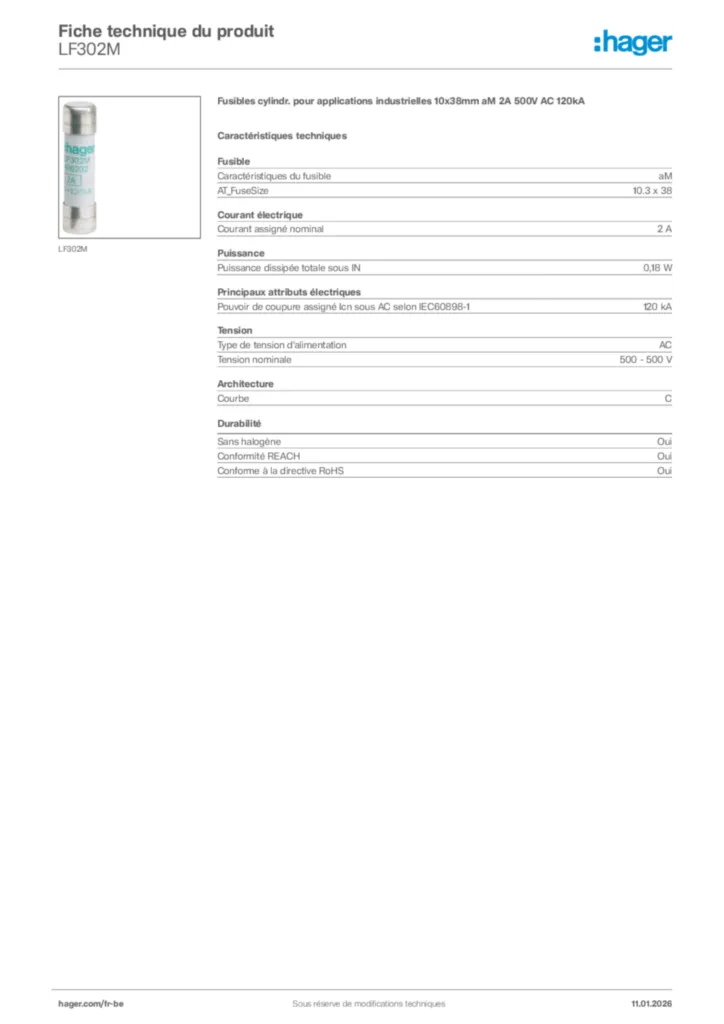 Image Hager Fiche technique du produit LF302M | Hager Belgique