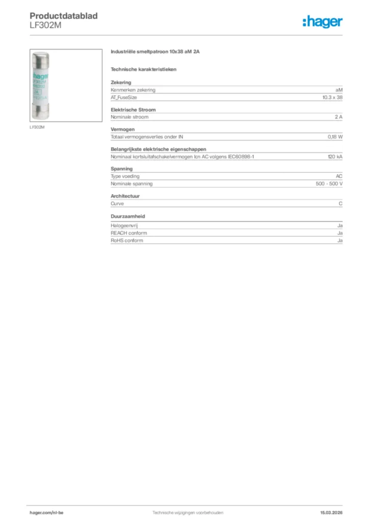 Afbeelding Hager Productdatablad LF302M | Hager Belgium