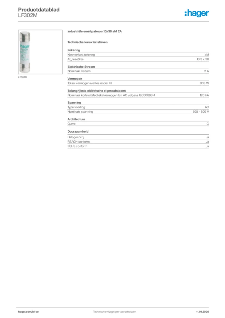 Afbeelding Hager Productdatablad LF302M | Hager Belgium