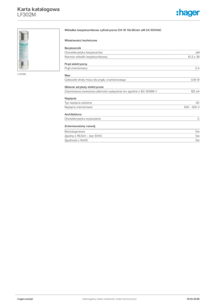 Zdjęcie Hager Karta katalogowa LF302M | Hager Polska