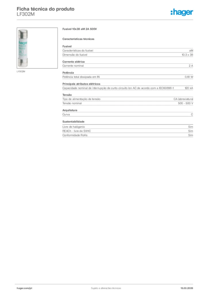 Imagem Hager Ficha técnica do produto LF302M | Hager Portugal