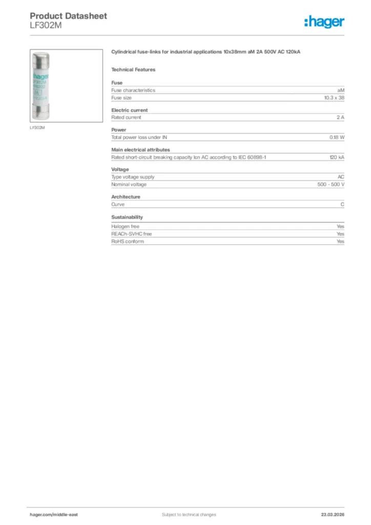 Image Hager Product data sheet LF302M  | Hager