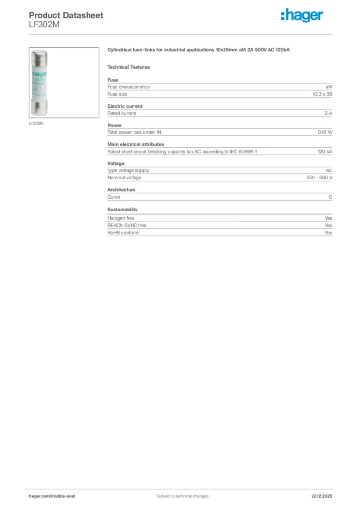 Image Hager Product data sheet LF302M  | Hager