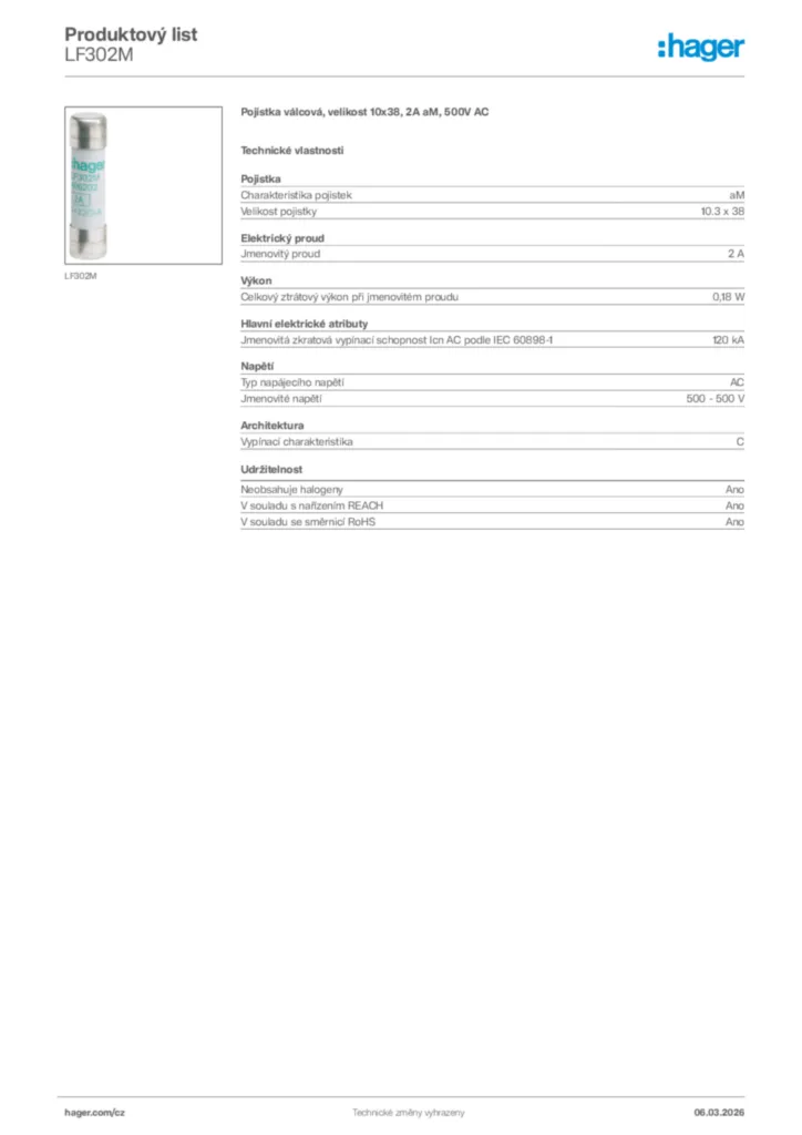Obrázek Hager Product data sheet LF302M | Hager