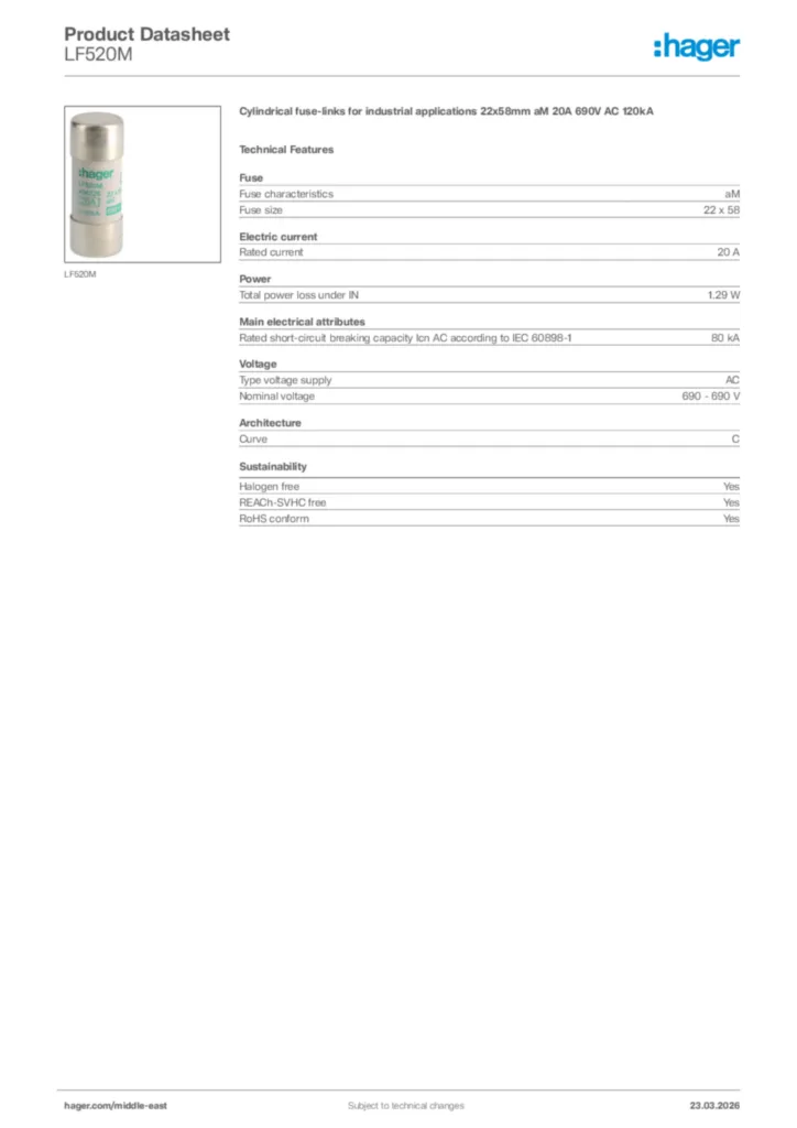 Image Hager Product data sheet LF520M  | Hager