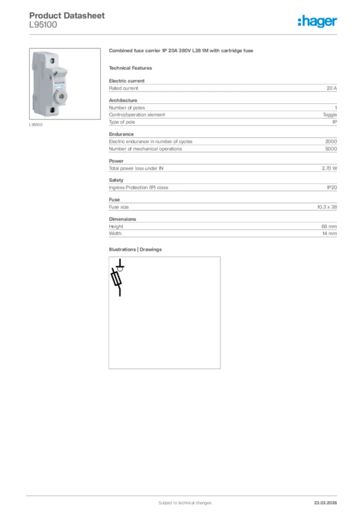 Image Hager Product data sheet L95100  | Hager Africa