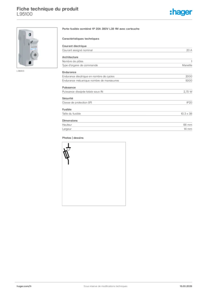 Image Hager Fiche technique du produit L95100 | Hager France