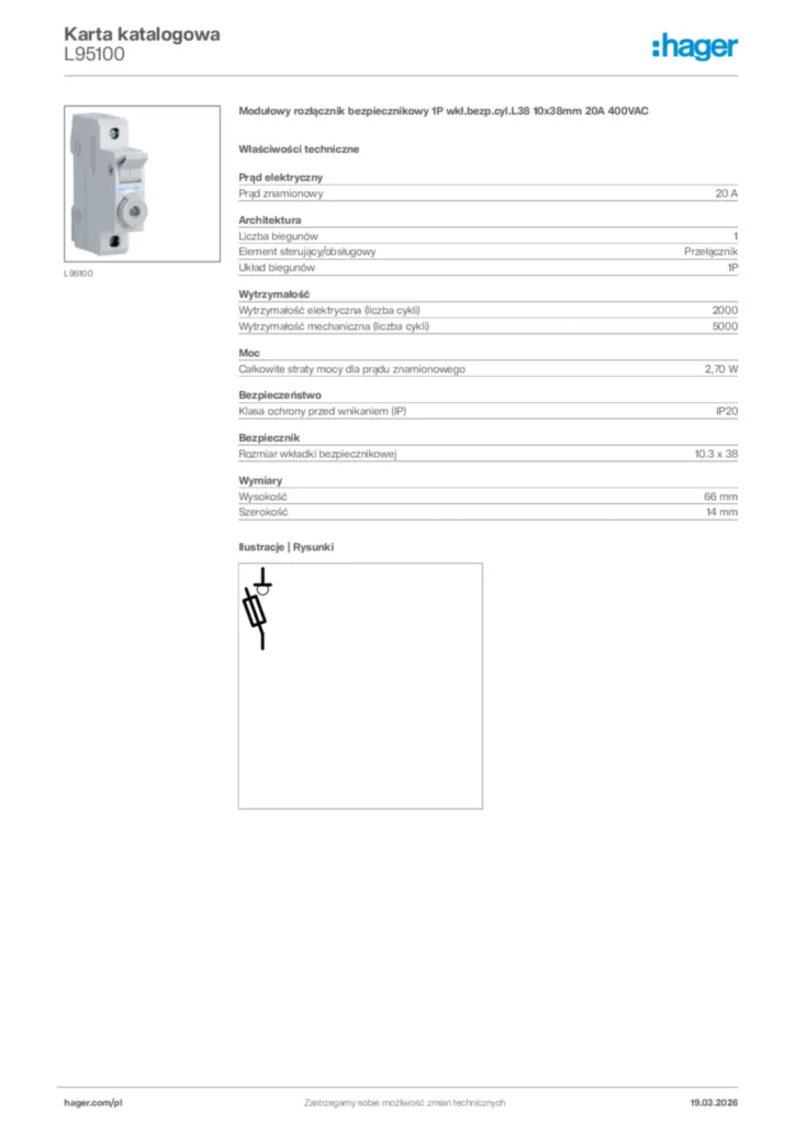 Zdjęcie Hager Karta katalogowa L95100 | Hager Polska