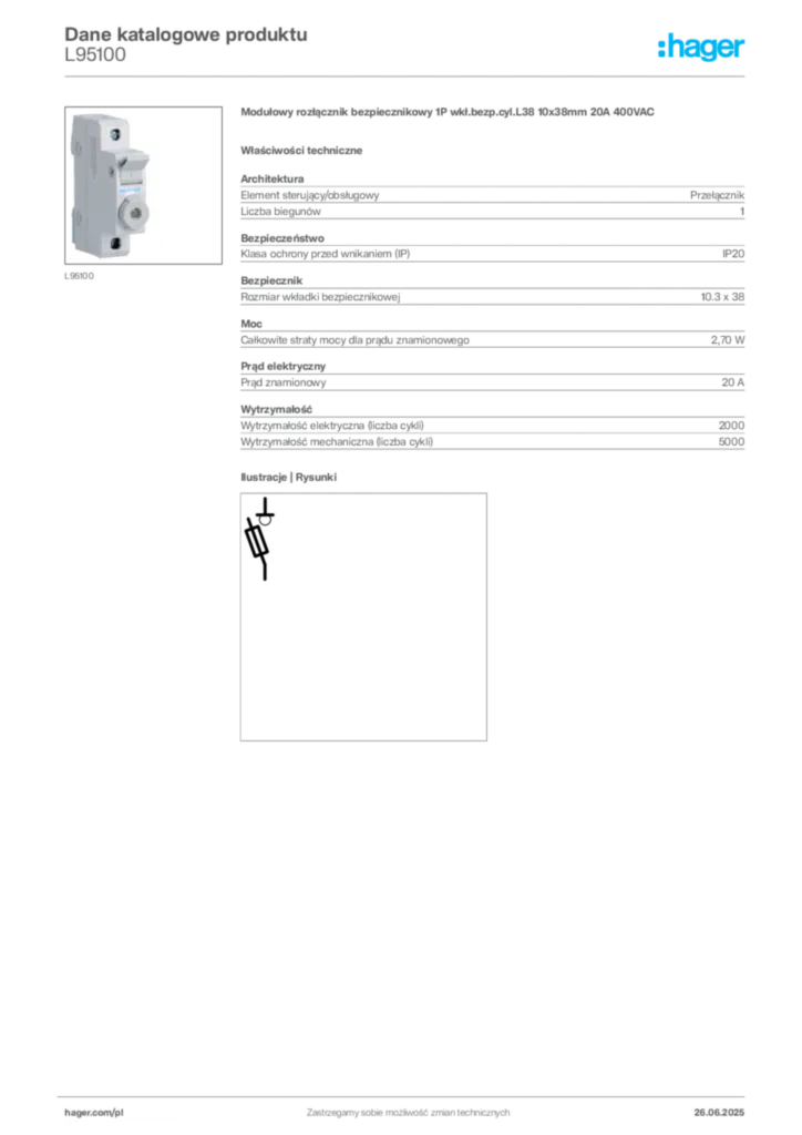Zdjęcie Hager Dane katalogowe produktu L95100 | Hager Polska