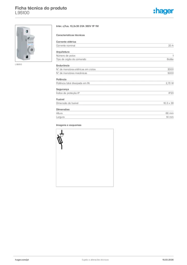 Imagem Hager Ficha técnica do produto L95100 | Hager Portugal