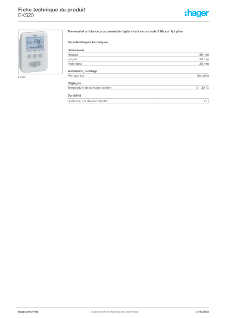 Image Hager Fiche technique du produit EK520 | Hager Belgique