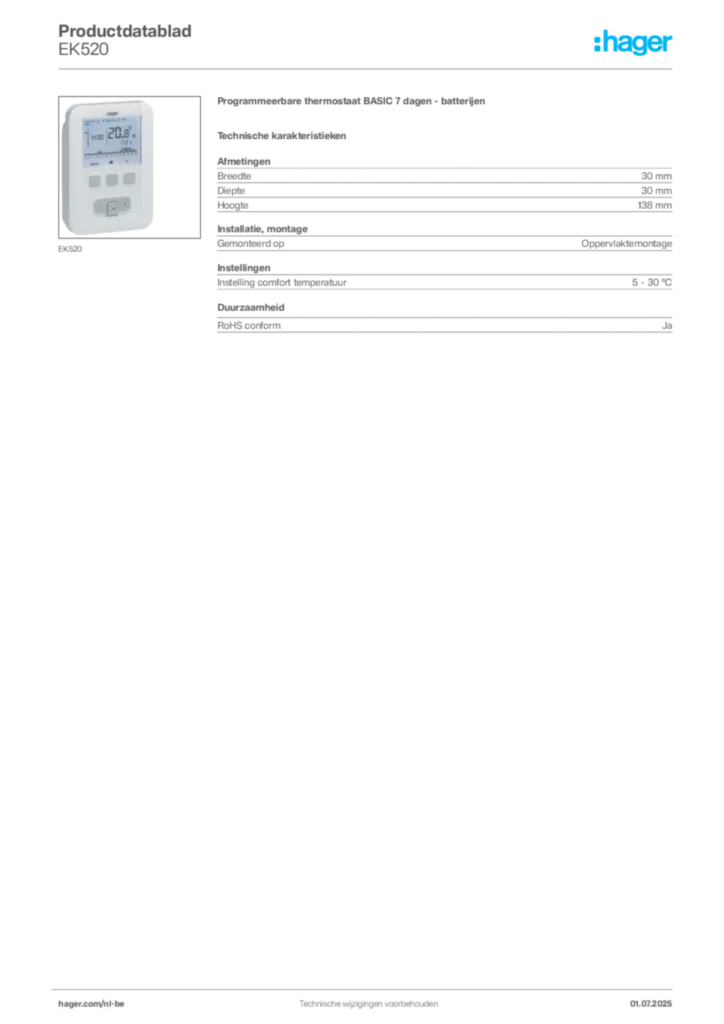 Afbeelding Hager Productdatablad EK520 | Hager Belgium