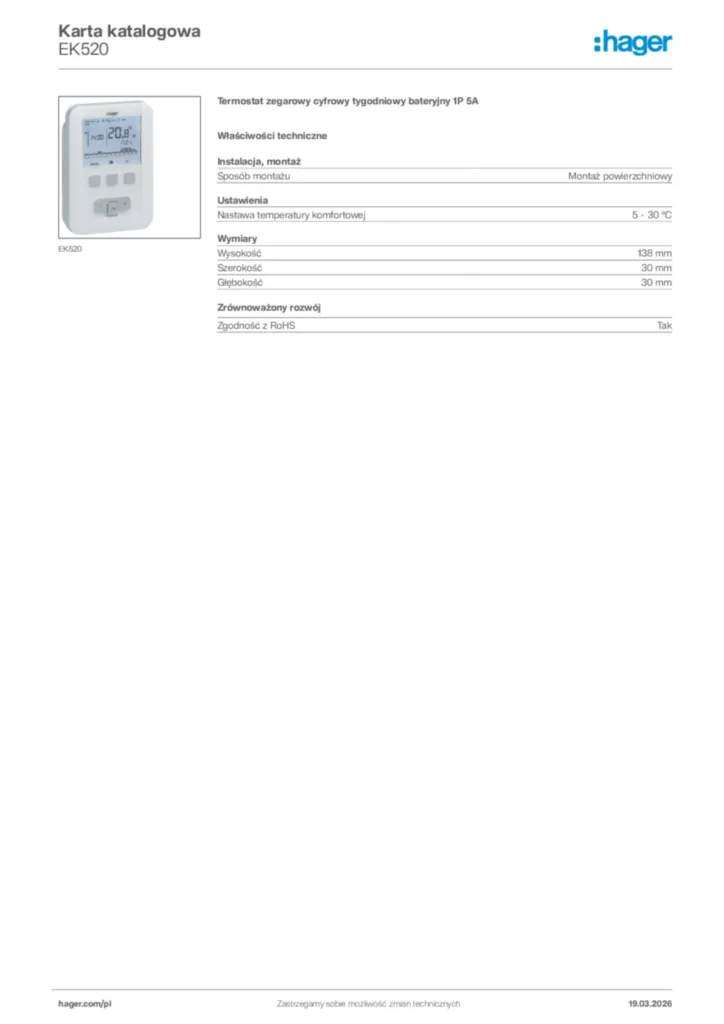 Zdjęcie Hager Karta katalogowa EK520 | Hager Polska