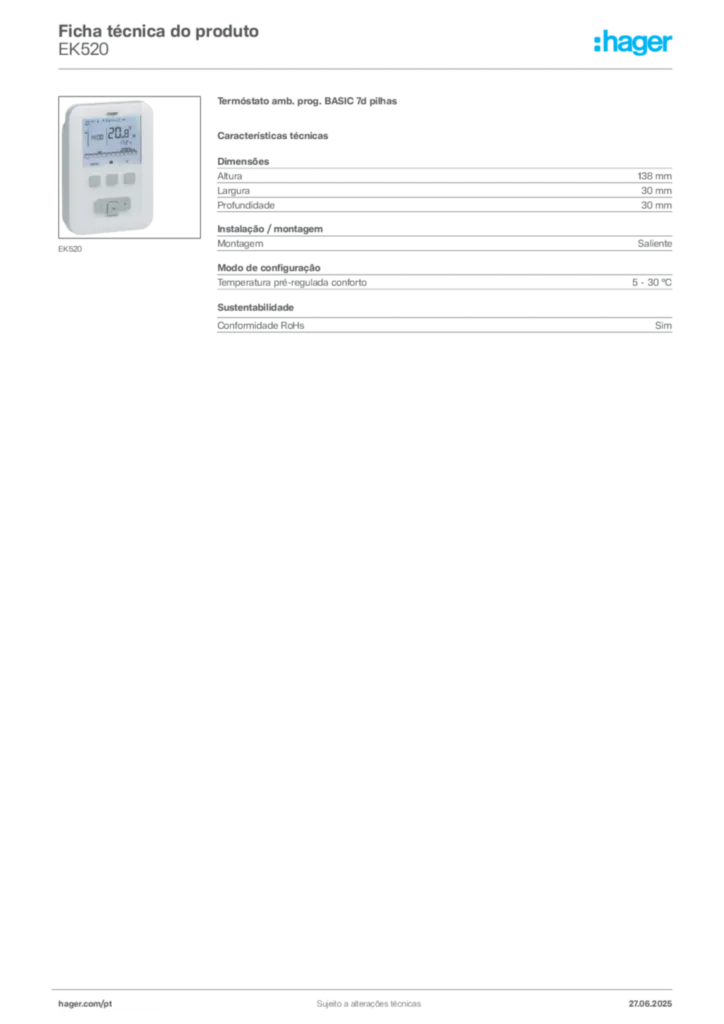 Imagem Hager Ficha técnica do produto EK520 | Hager Portugal