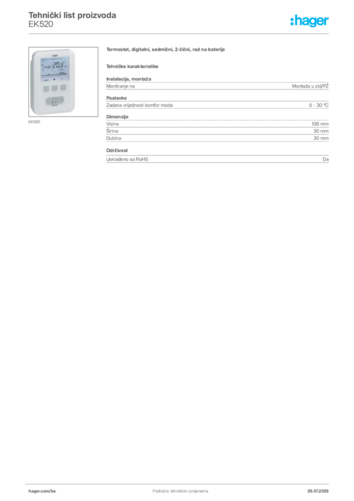 Slika Hager Product data sheet EK520  | Hager