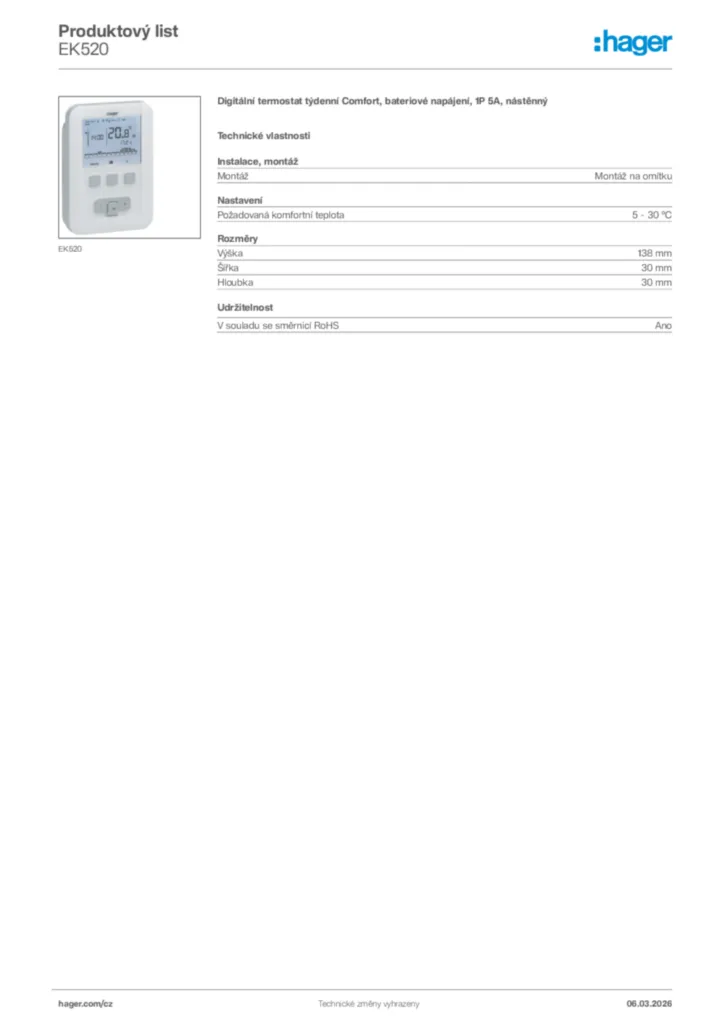 Obrázek Hager Product data sheet EK520 | Hager