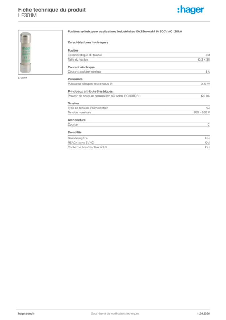 Image Hager Fiche technique du produit LF301M | Hager France