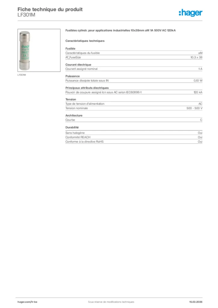 Image Hager Fiche technique du produit LF301M | Hager Belgique