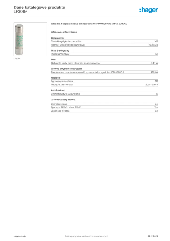 Zdjęcie Hager Karta katalogowa LF301M | Hager Polska