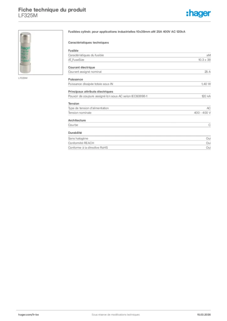 Image Hager Fiche technique du produit LF325M | Hager Belgique