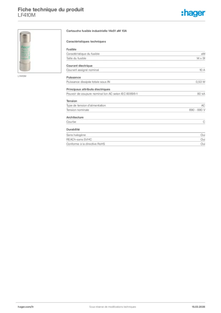 Image Hager Fiche technique du produit LF410M | Hager France