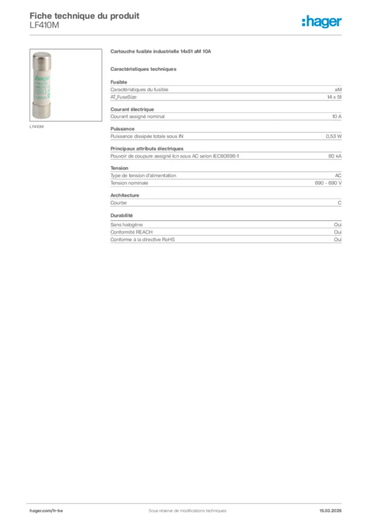 Image Hager Fiche technique du produit LF410M | Hager Belgique