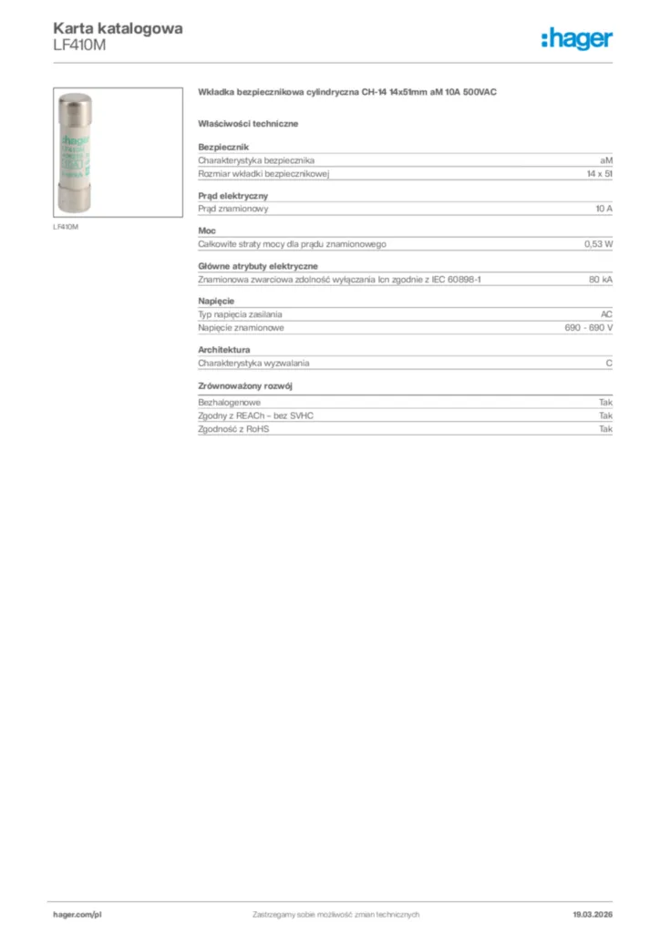 Zdjęcie Hager Karta katalogowa LF410M | Hager Polska