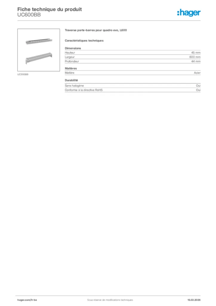 Image Hager Fiche technique du produit UC600BB | Hager Belgique