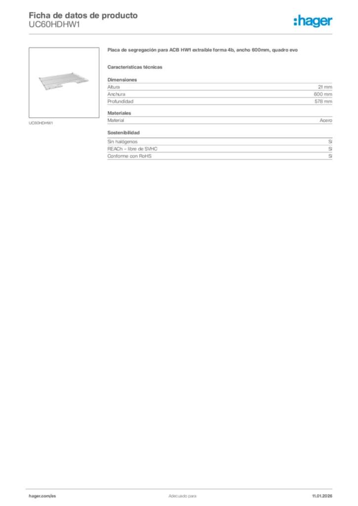 Imagen Hager Ficha de datos de producto UC60HDHW1 | Hager España