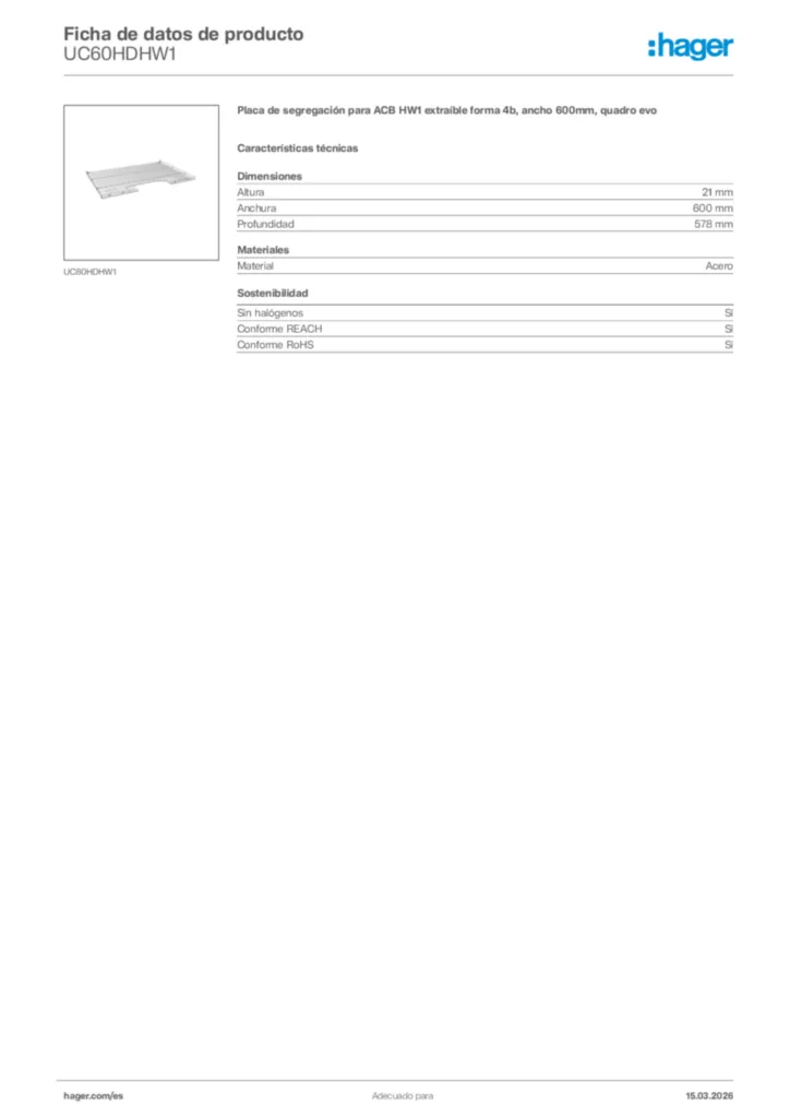 Imagen Hager Ficha de datos de producto UC60HDHW1 | Hager España