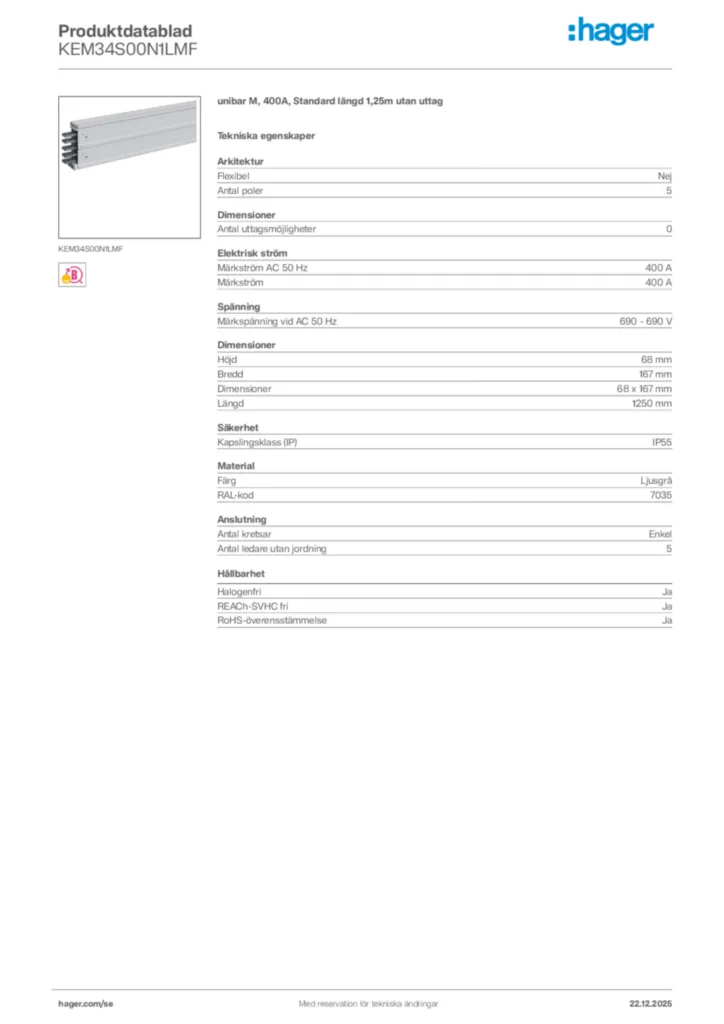 Bild Hager Produktdatablad KEM34S00N1LMF | Hager Sverige
