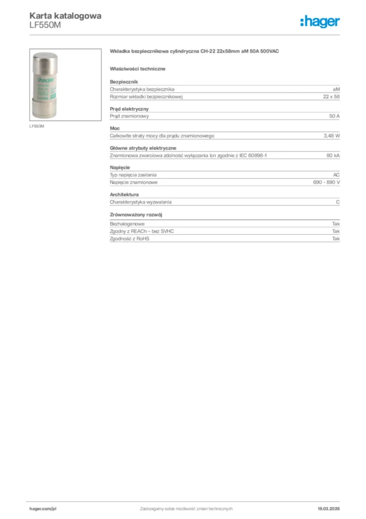 Zdjęcie Hager Karta katalogowa LF550M | Hager Polska