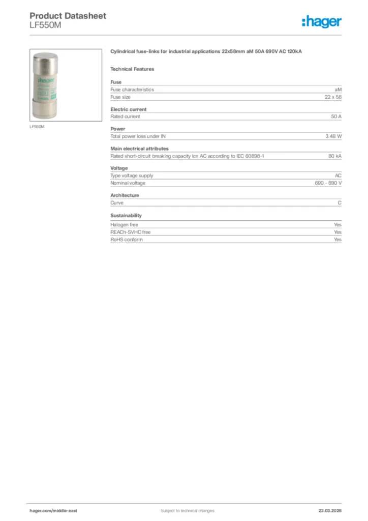 Image Hager Product data sheet LF550M  | Hager