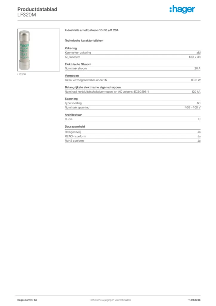 Afbeelding Hager Productdatablad LF320M | Hager Belgium