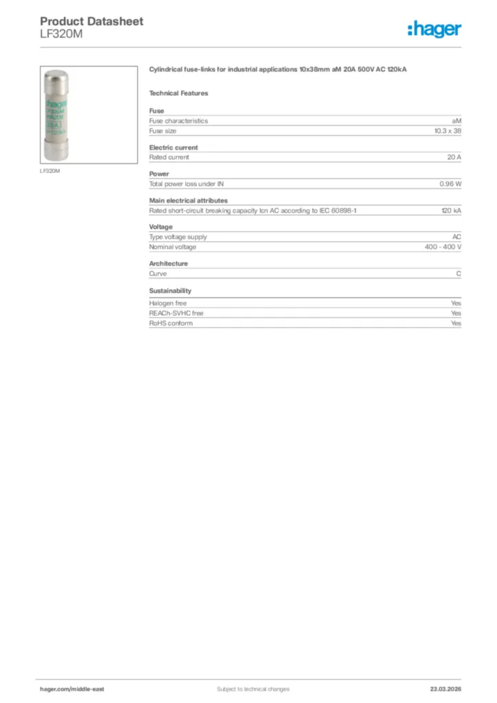 Image Hager Product data sheet LF320M  | Hager